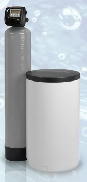 Water softener with grey resin tank and white brine tank