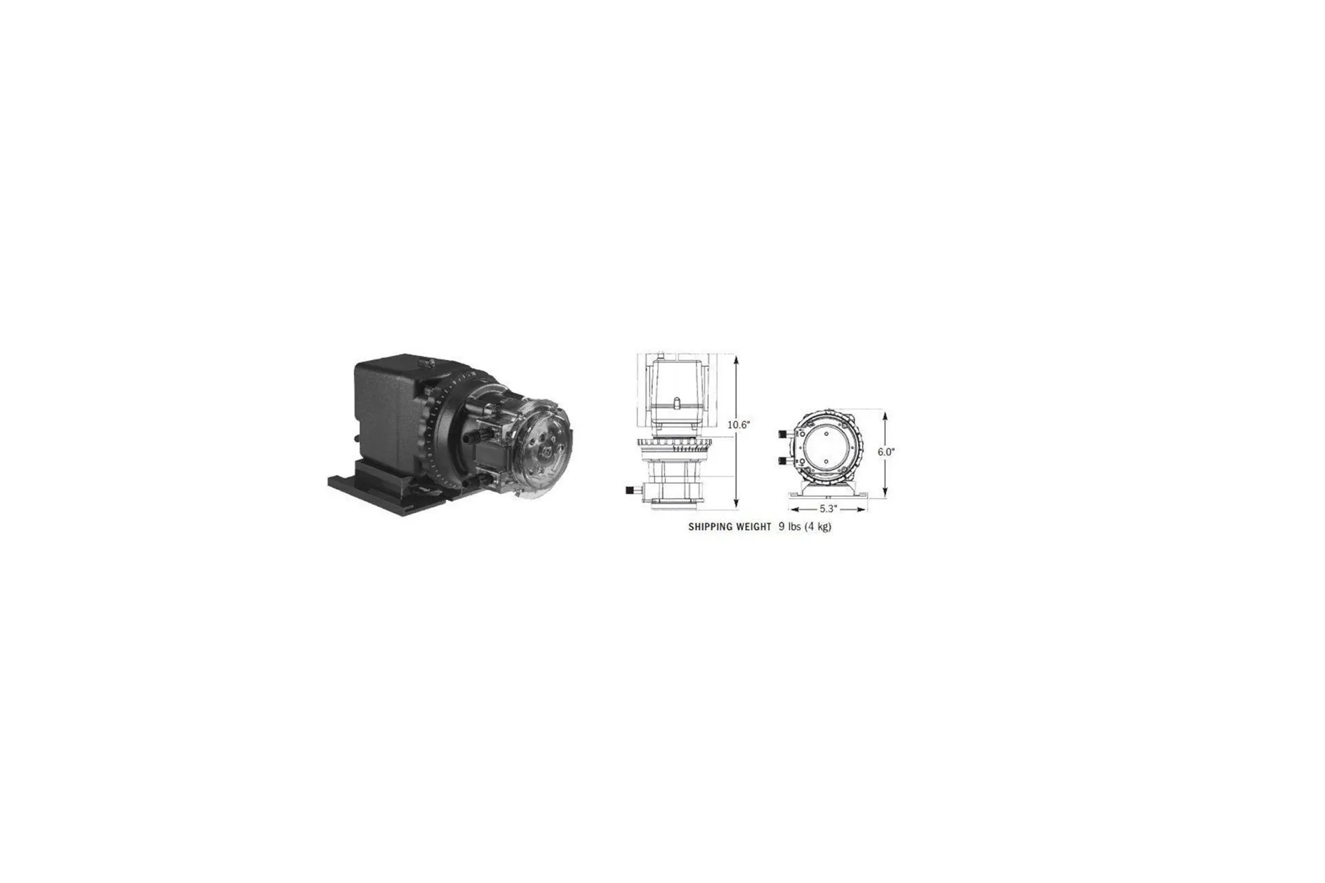 Stenner chemical feed pump shown with mounting dimensions
